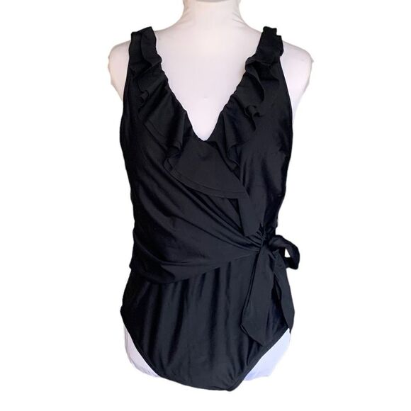 Tempt Me Ruffle V Neck Wrap Style Waist Tie One Piece Swimsuit Sz XL - Picture 2 of 4